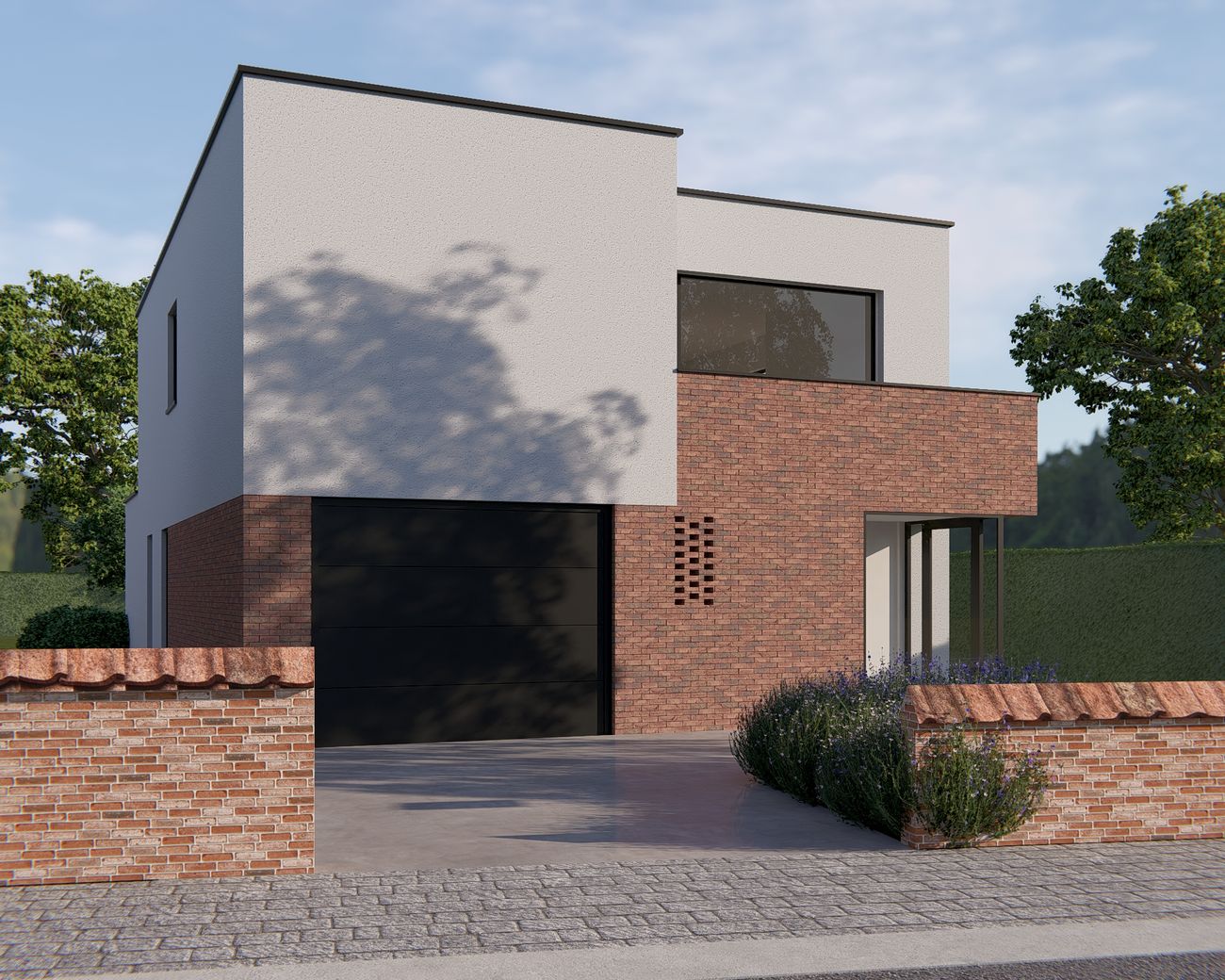 Voorgevel met witte pleister en handvormgevelsteen